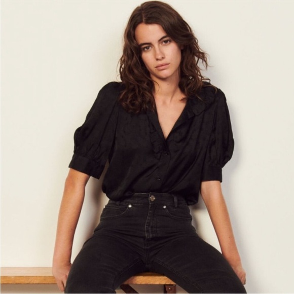 SANDRO paris NWT ESTELLE PATTERNED-JACQUARD PUFF-SLEEVE WOVEN SHIRT IN BLACK - Picture 1 of 10